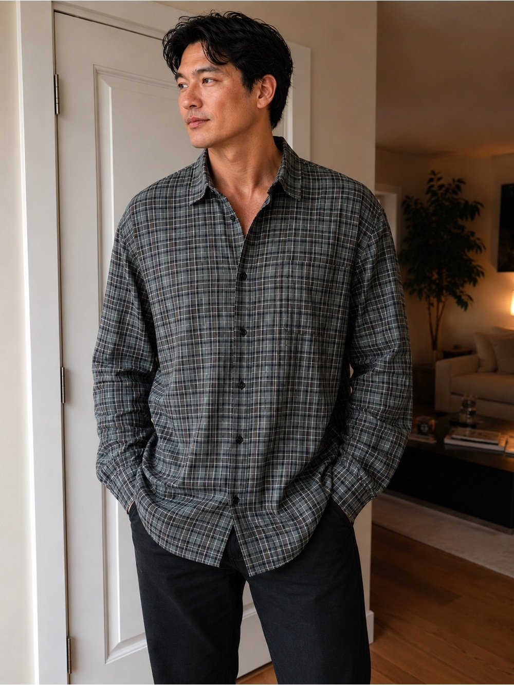 John Varvatos Men’s XL Gray/Blue Button Down Shirt 100% Cotton Long Sleeve
